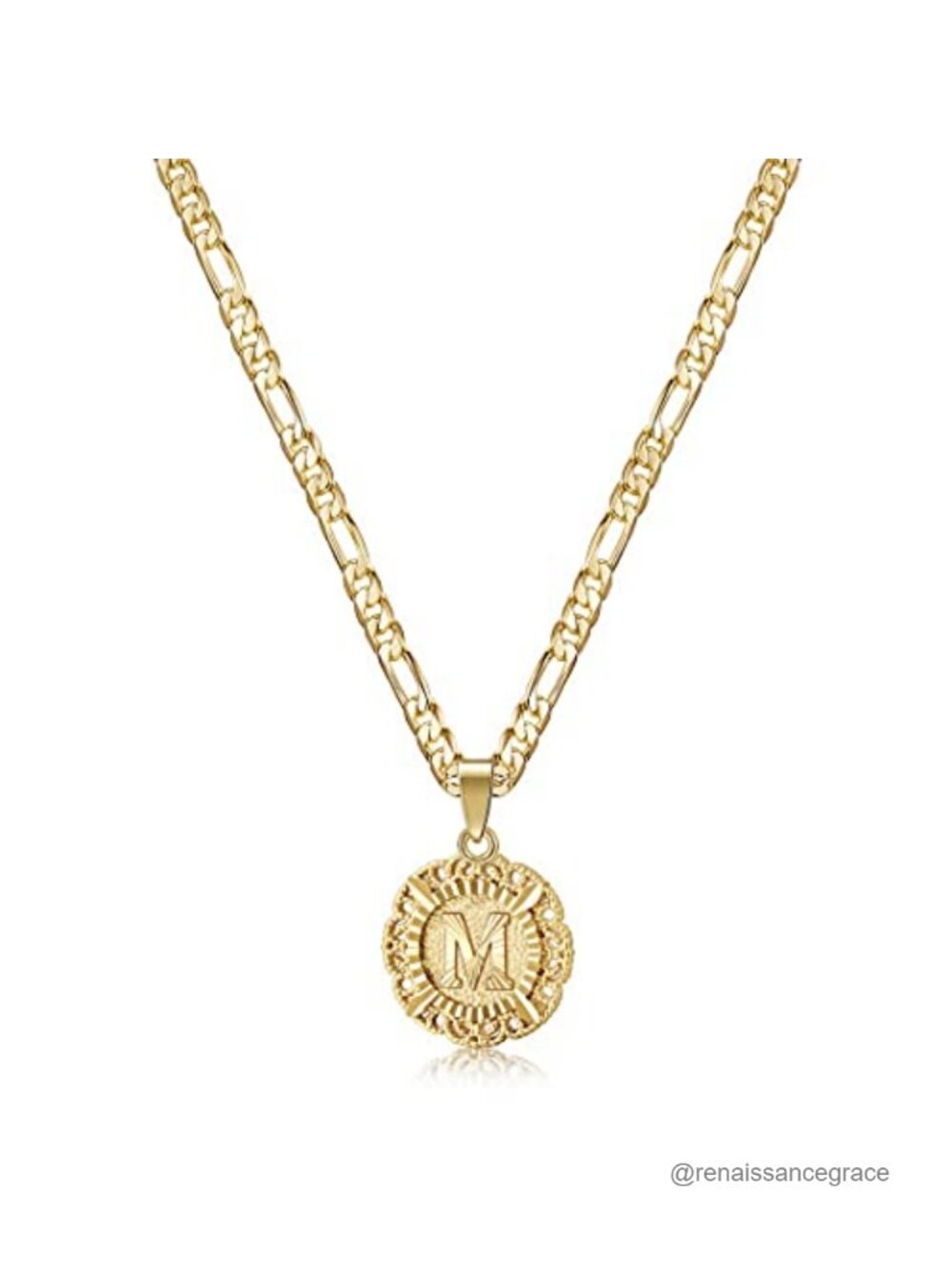 14k Gold-Filled Stainless Steel Initial Pendant Necklace Figaro Chain